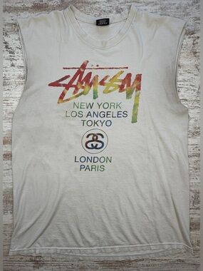 Thrashed Stussy White Sleeveless Graphic Tee - Multicolor Logo sz XL